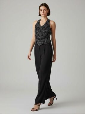 JMD New York Black Beaded Sleeveless Halter Top Dressy Medium